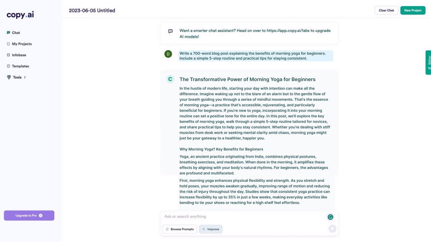 Prompt and response on copy.ai - write a blog post on morning yoga for beginners