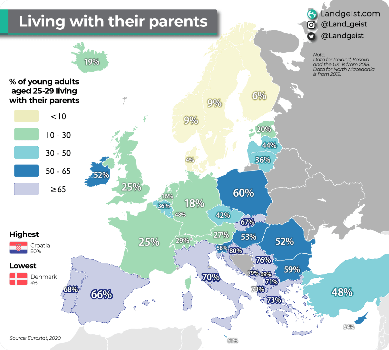 Karta Europe koja prikazuje koliki postotak mladih do 29 godina živi s roditeljima