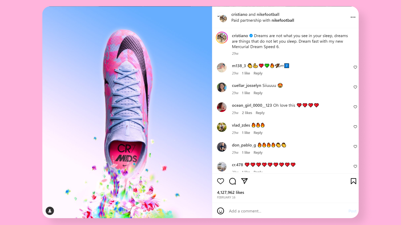 Partnership of Nike and Cristiano Ronaldo on Instagram