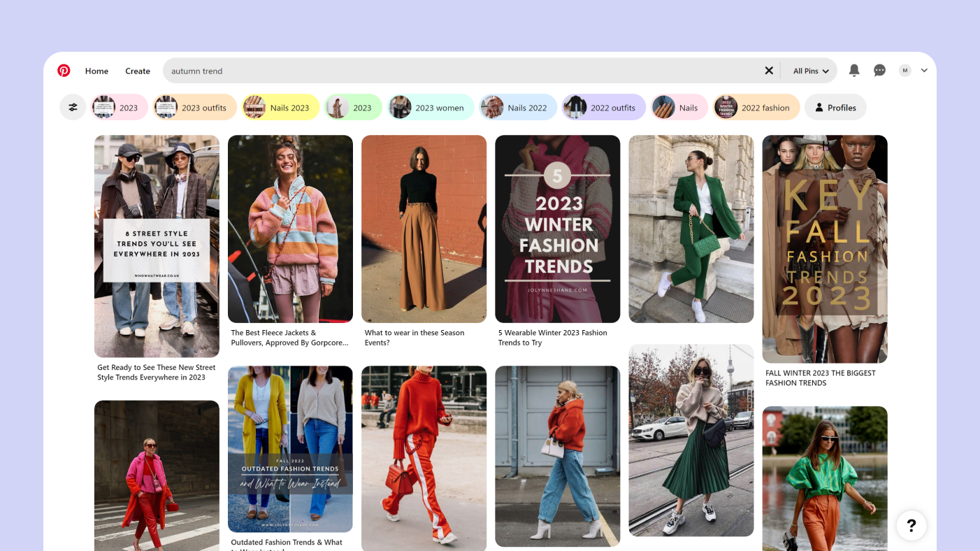 Pinterest search bar with results for the autumn trend query