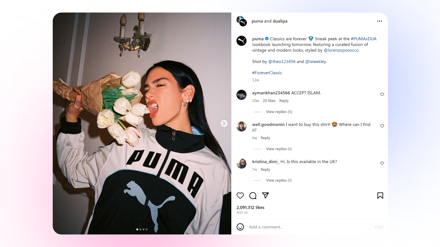 Puma and DuaLipa collaboration on Instagram