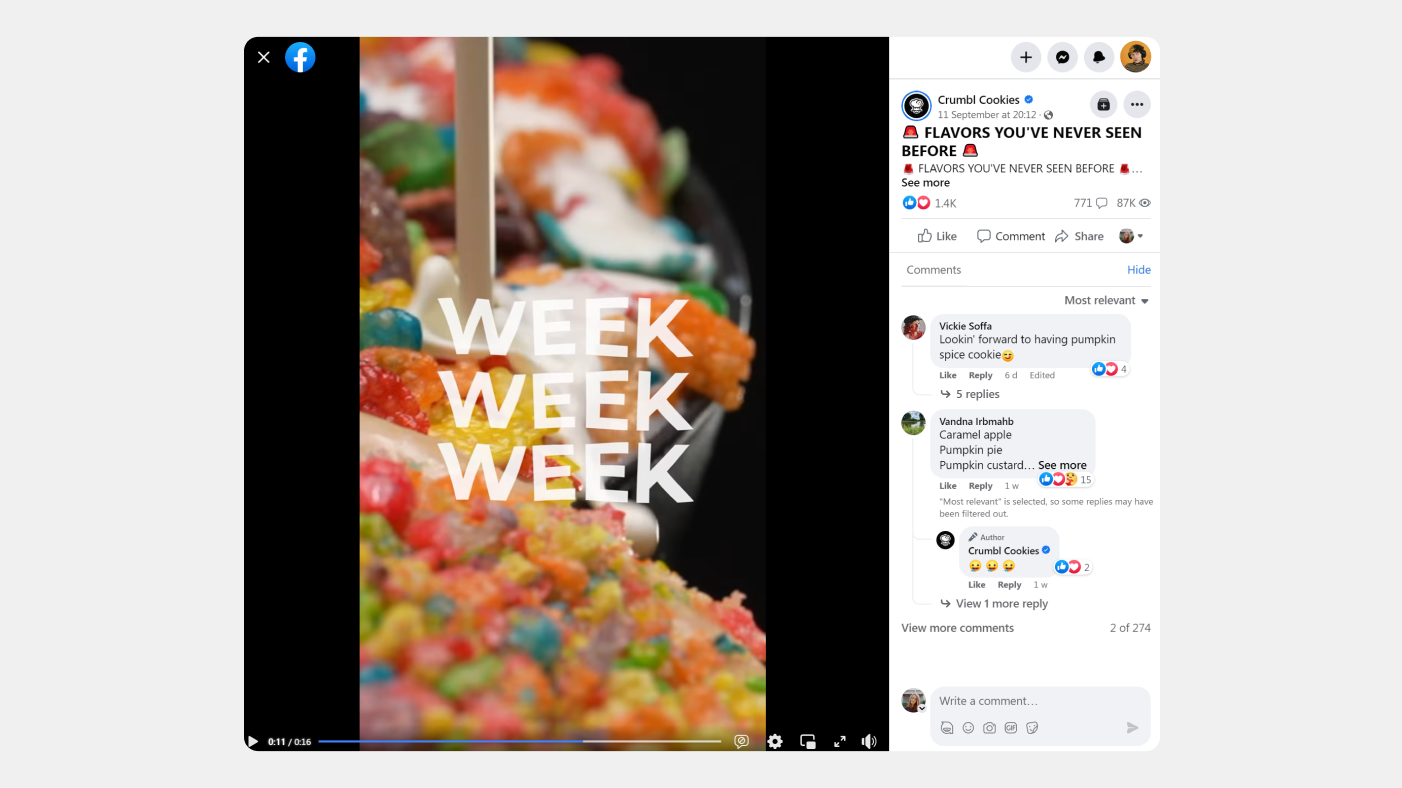 Screenshoot of a Crumble Cookies video on Facebook
