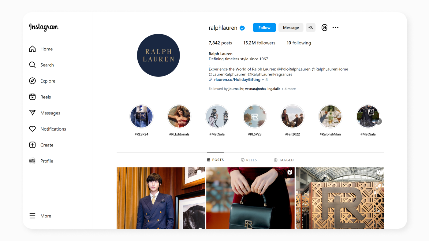 Ralph Lauren business account on Instagram